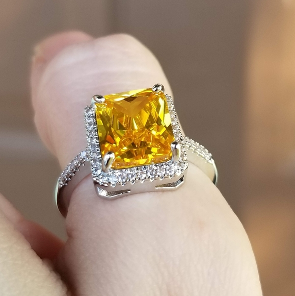 🆕S925-6.28CT Yellow Citrine/White Sapphire Ring 9 - Picture 5 of 12